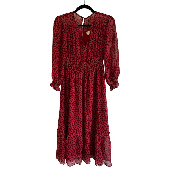 Shoshanna Eden Red Ginkgo Silk Chiffon Midi Dress - Picture 4 of 9